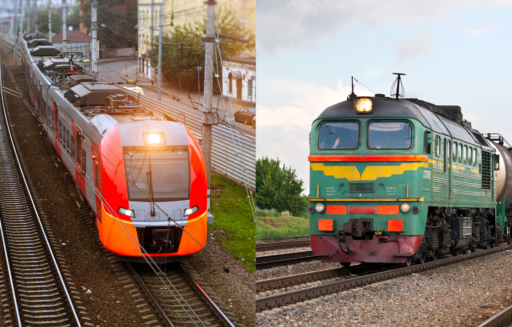 Modern electric train alongside a traditional diesel train.